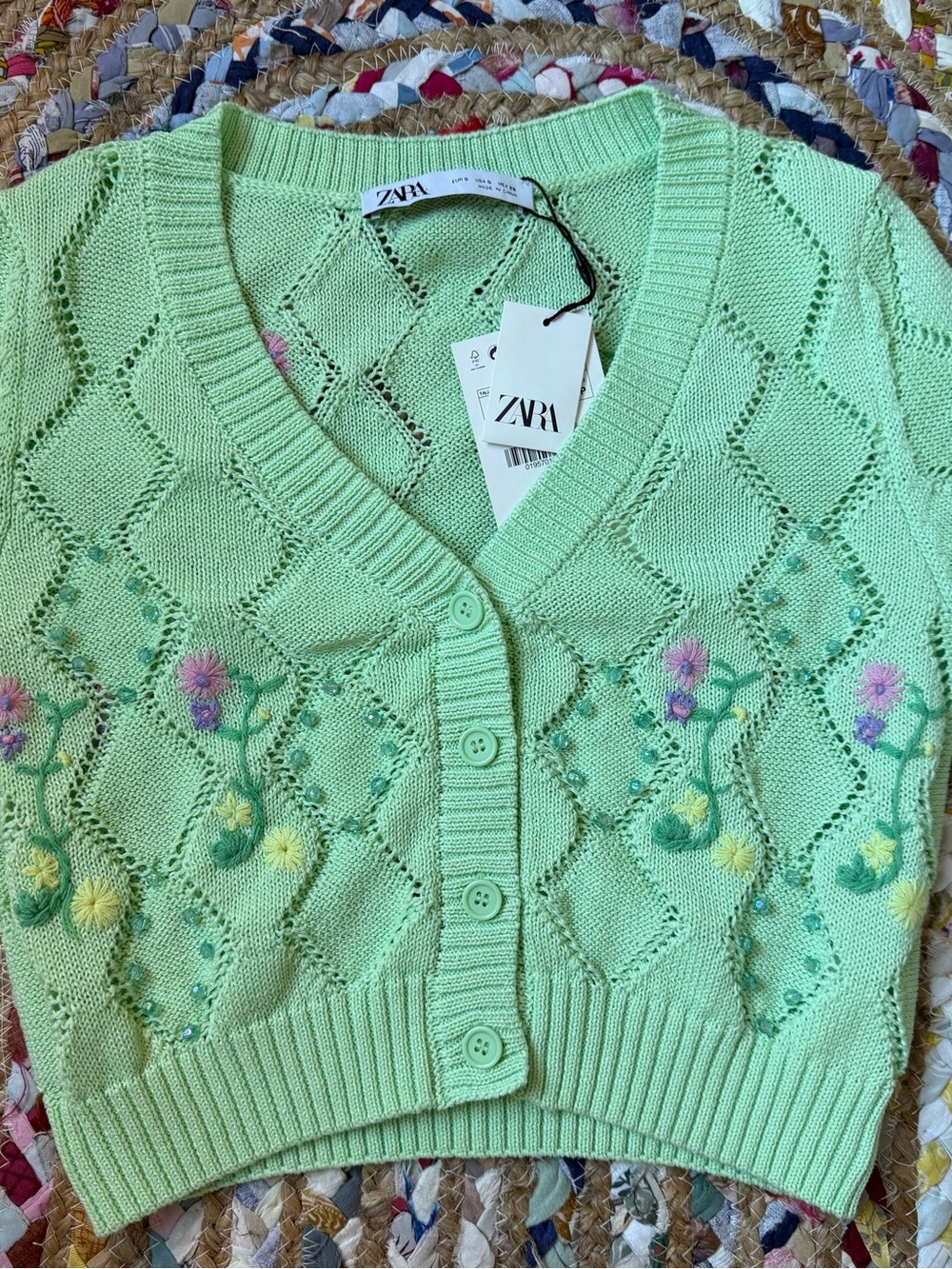 ZARA Light Mint Green Floral Embroidered Knit Cardigan